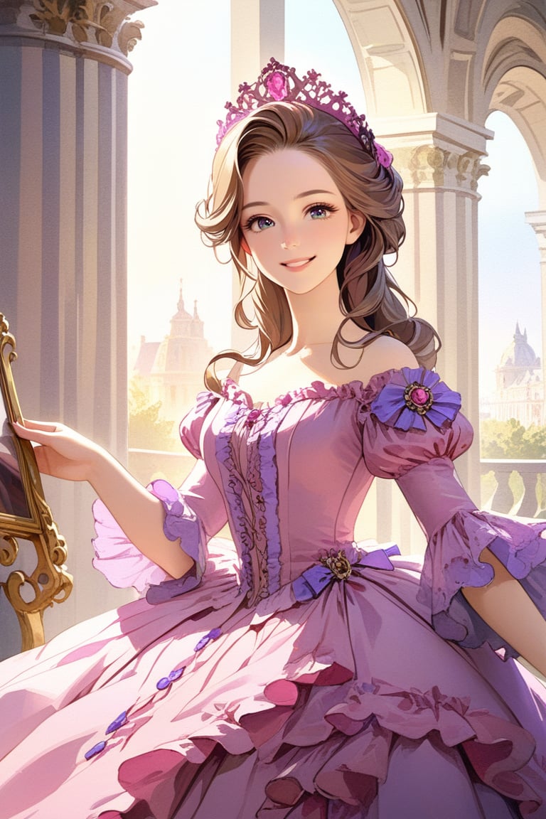 Very beautiful girl wearing a sumptuous pink and violet dress, illustration, detailed, realistic, UHD, beautiful detailed eyes, beautiful detailed, Warmly smile, Versailles background. Rococo oil paint