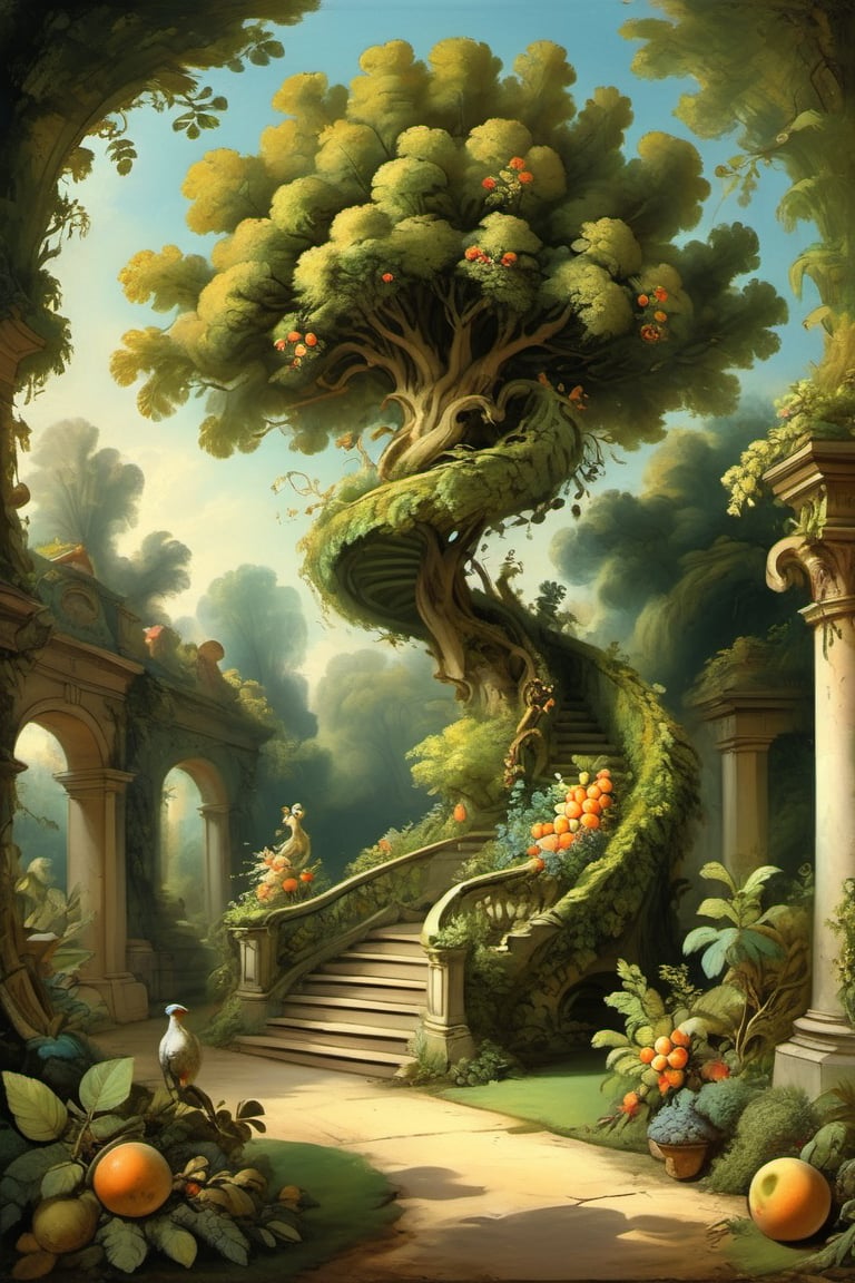 A mystical greenery garden, masterful whimsical topiary sculptures, baroque style vases, fruits, flowers, esotic birds, (multiple fantastic spirals of branches and leaves:1.9), dreamy atmosphere, golden vibes, romantic landscape. Masterpiece, rococo style, painted by Jean-Honoré Fragonard and Daniel Merriam