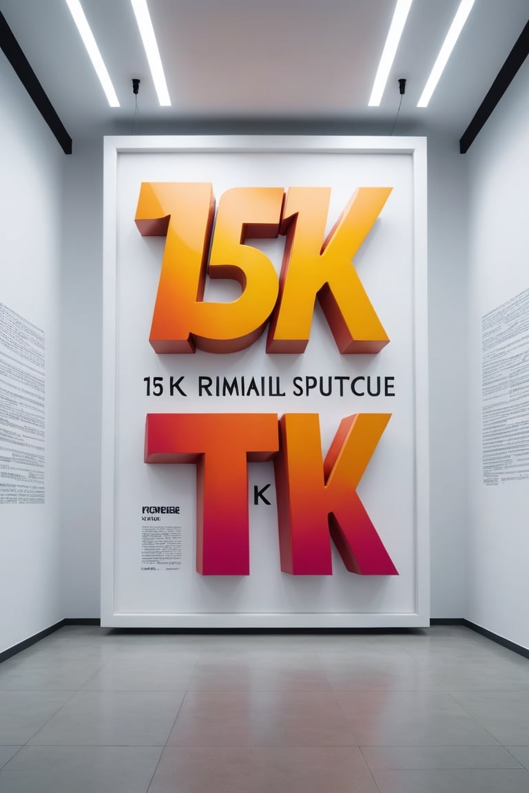 Front view of a futuristic museal artwork with the (large text "15K":1.4), displayed on the white wall inside a futuristic museum. Bright colors, surrealist, close shot. ,dvr-txt