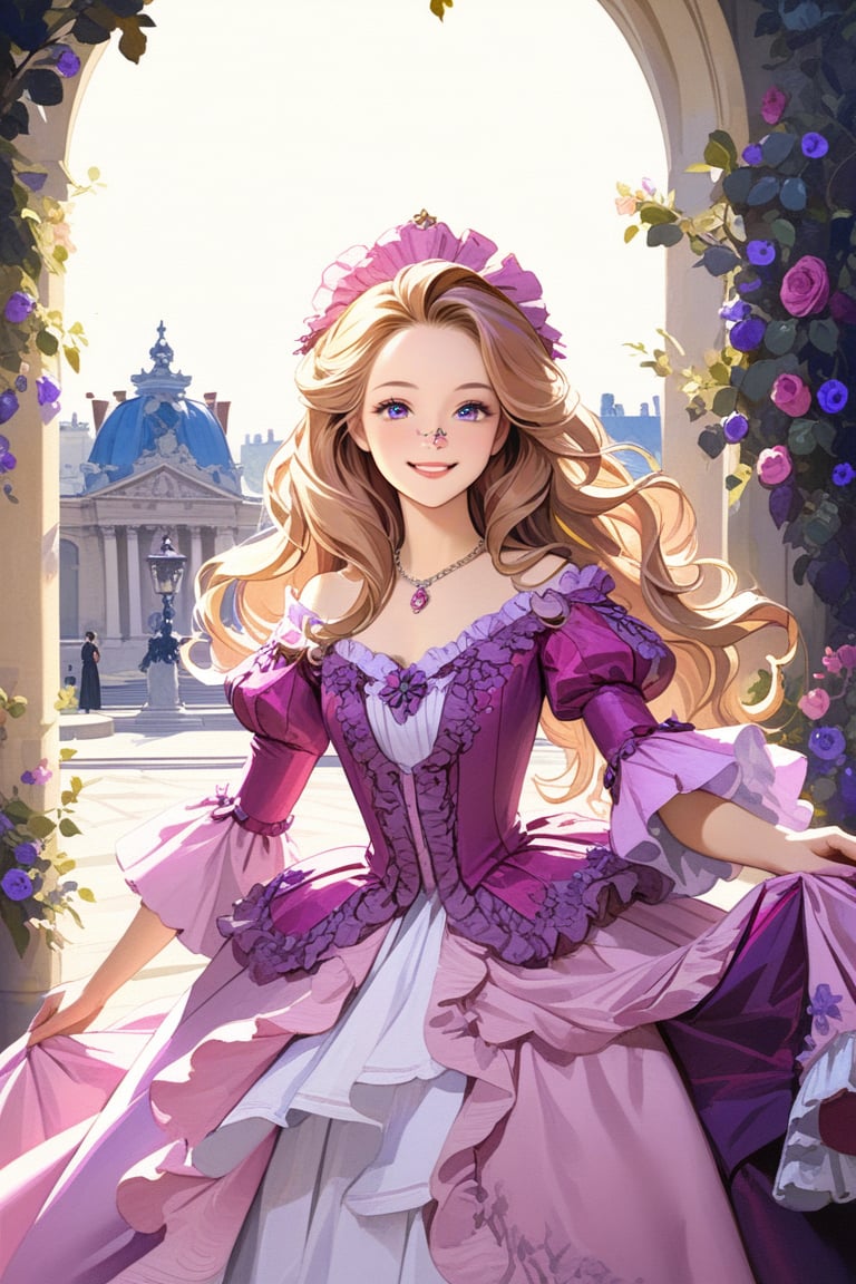 Very beautiful girl wearing a sumptuous pink and violet dress, illustration, detailed, realistic, UHD, beautiful detailed eyes, beautiful detailed, Warmly smile, Versailles background. Rococo oil paint