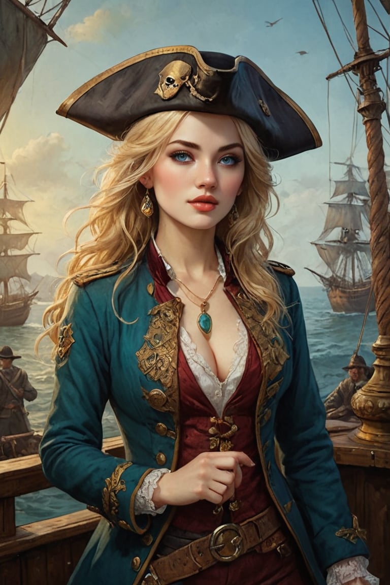 Oil painting of a very beautiful pirate captain  manga blonde girl, perfect detailed eyes, perfect detailed nose, perfect detailed lips. She wears a teal velvet long jacket with golden buttons, shirt adorned with lace, dark red leather trousers, Intricately detailed accessories and pirate hat. She is on the deck of her ship and cheers her crew on to fight during the battle. Dynamic pose. Masterpiece, vibrant colors, warm light, eerie detail perfection, absurdres detail, realistic illustration, extremely detailed, intricately sharp details, sharp focus, chaotic (ships battle scenario:1.3), ships on background 