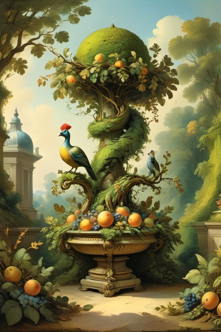 A mystical greenery garden, masterful whimsical topiary sculptures, baroque style vases, fruits, flowers, esotic birds, (multiple fantastic spirals of branches and leaves:1.9), dreamy atmosphere, golden vibes, romantic landscape. Masterpiece, rococo style, painted by Jean-Honoré Fragonard and Daniel Merriam 