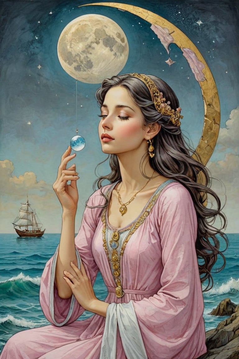 Art Nouveau style, Pale pink and white dressed girl conversing with the face of the crescent moon and meditating over the sea. Golden line, liquid silver, liquid rainbow, art on a cracked paper, ink paint. Whimsical art, pop surrealism, inspired by Gabriel Pacheco and Michael Cheval. Masterpiece, bizarre, hyper detailed, diaphanous, DonM0ccul7Ru57XL, on parchment,art_booster