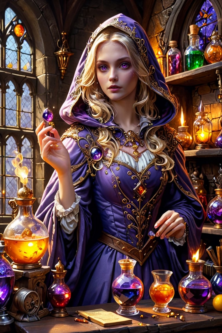 Photorealistic, Award Winning, Ultra Realistic, 8k, of a 25 years old good sweet girl preparing potions in her study. She has blonde hair and wears a medieval purple dress with hood and tippet, richly silver embroidered. Medieval atmosphere. On background we see one yellow and orange stained glasses window lighting an old castle room, (many bright colored potion ampoules:1.4) on the shelves. Masterpiece, ultra highly detailed, Dynamic Poses, Alluring, Amazing, Excellent, Detailed Face, Beautiful Symmetric Eyes, Heavenly, Very Refined, dark golden light,digital painting,crystalz,Decora_SWstyle