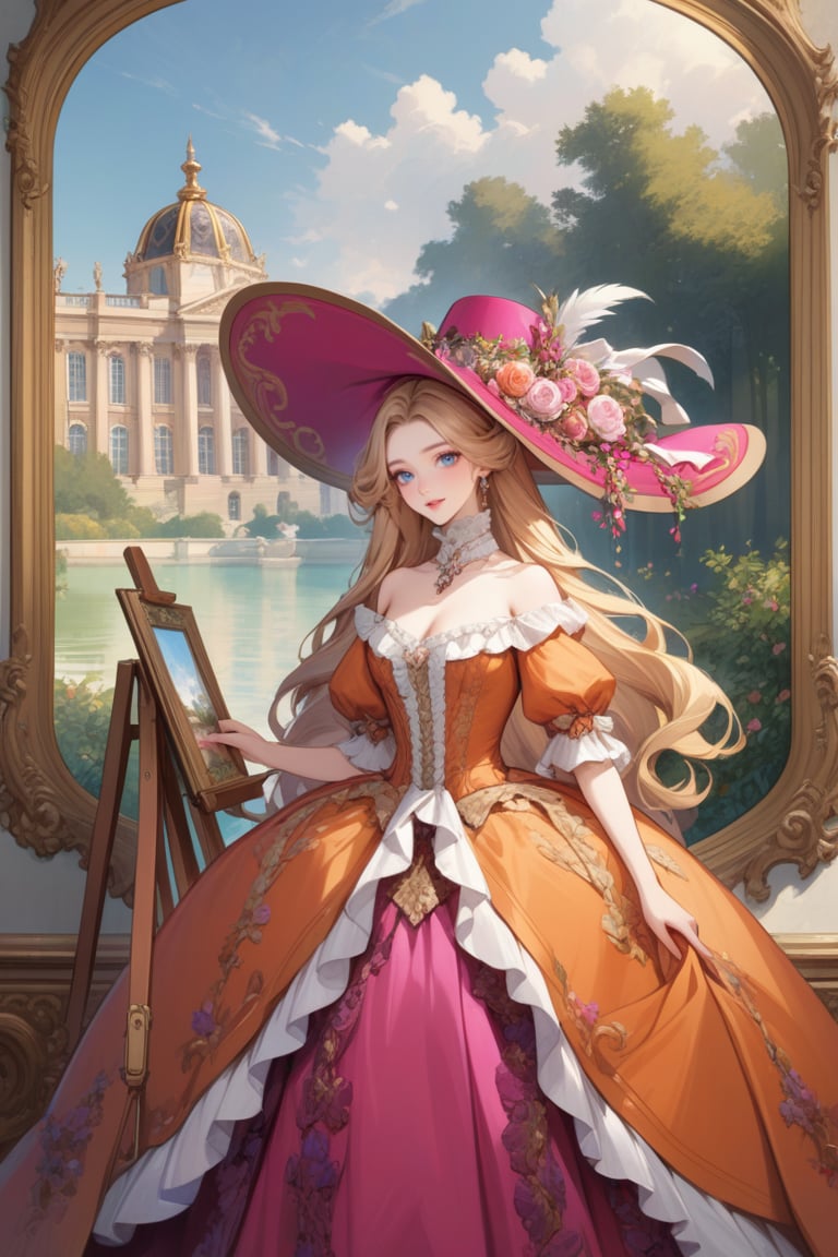 Very beautiful girl wearing a sumptuous fuchsia and orange dress, wide brimmed hat, illustration, detailed, beautiful detailed blue eyes, (beautiful detailed face:1.2), blonde hair, warmly smile, she is showing a painting of hers, Versailles background. Rococo oil paint