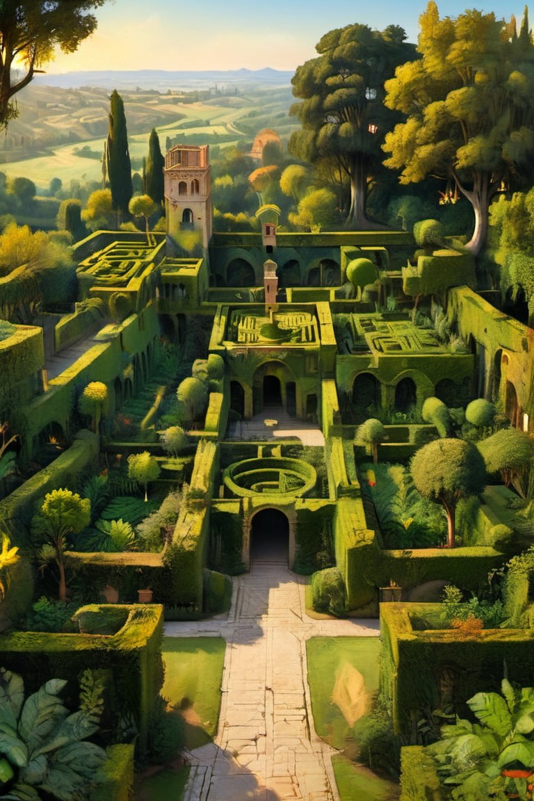 A surreal ancient garden with a medieval high hedge maze, many paths that intersect. A masterpiece painted by Claude Lorrain, highly detailed leaves, golden hour, romantic landscape, Architectural100,itacstl