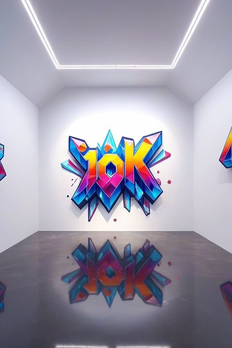 Front view of a 3D style graffiti museal artwork with the text "10K", displayed on the white wall of a futuristic museum. Bright colors, close shot. Text,crystalz