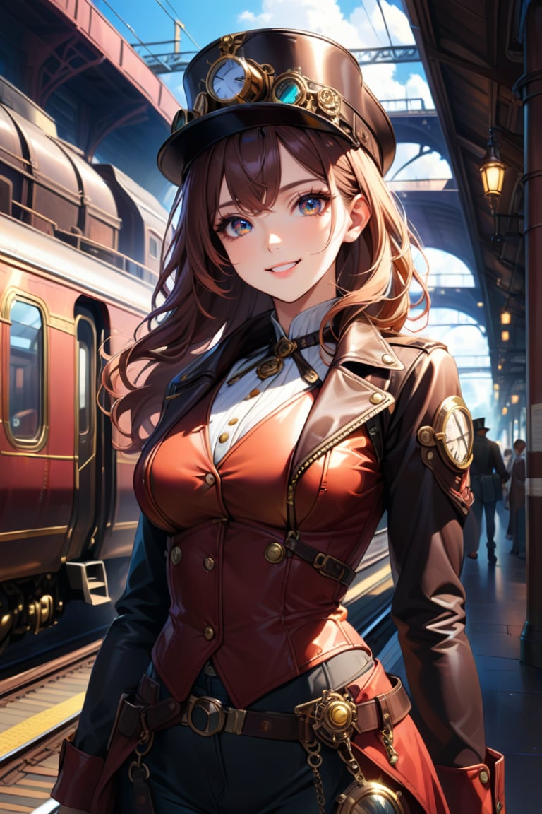 Very beautiful girl with a steampunk leather jacket, red waistcoat and hat, intricately detailed brass accessories. Masterpiece, illustration, extremely detailed, beautiful detailed eyes, beautiful detailed mouth, warmly smile, bright colors, railway station on background, complex_background 