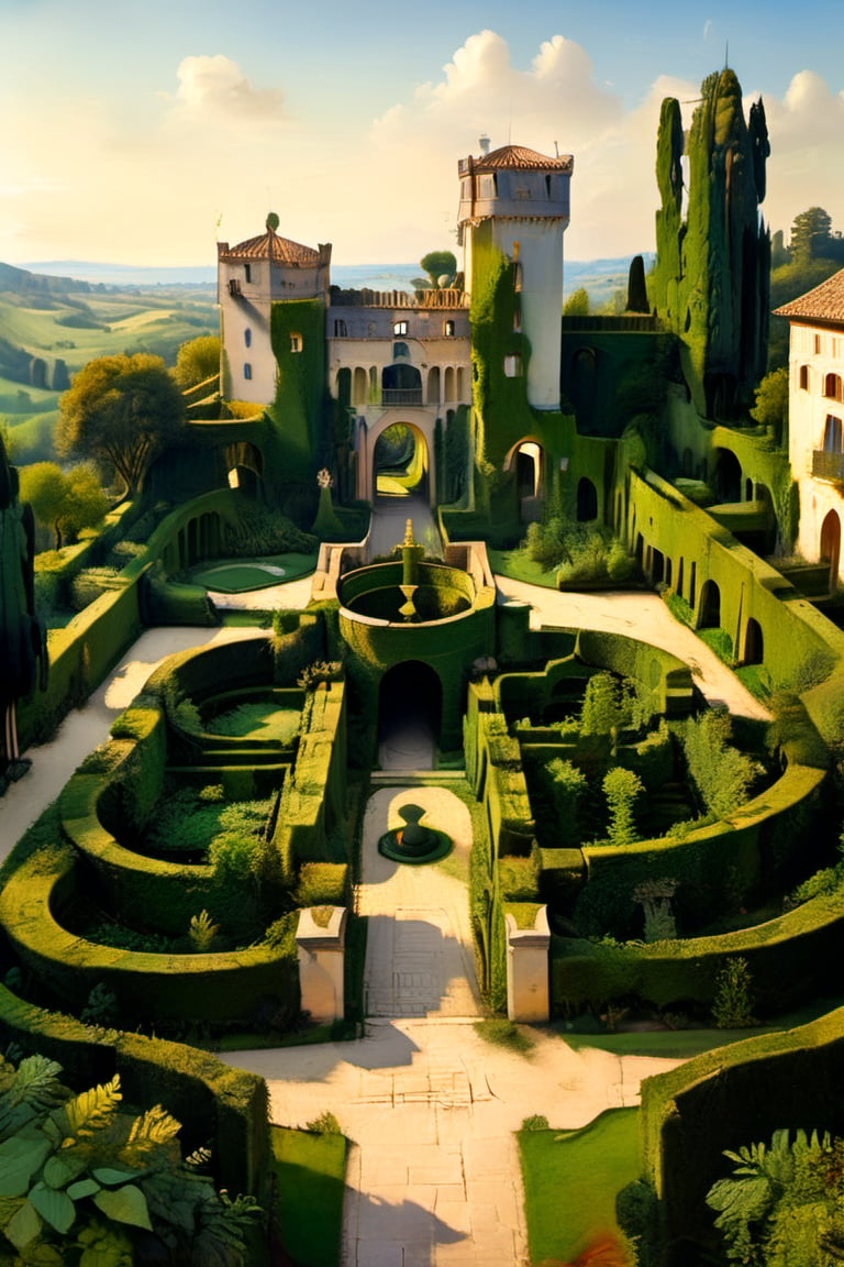 A surreal ancient garden with a medieval high hedge maze, many paths that intersect, outside a French castle. A masterpiece painted by Claude Lorrain, highly detailed leaves, golden hour, romantic landscape, Architectural100, itacstl