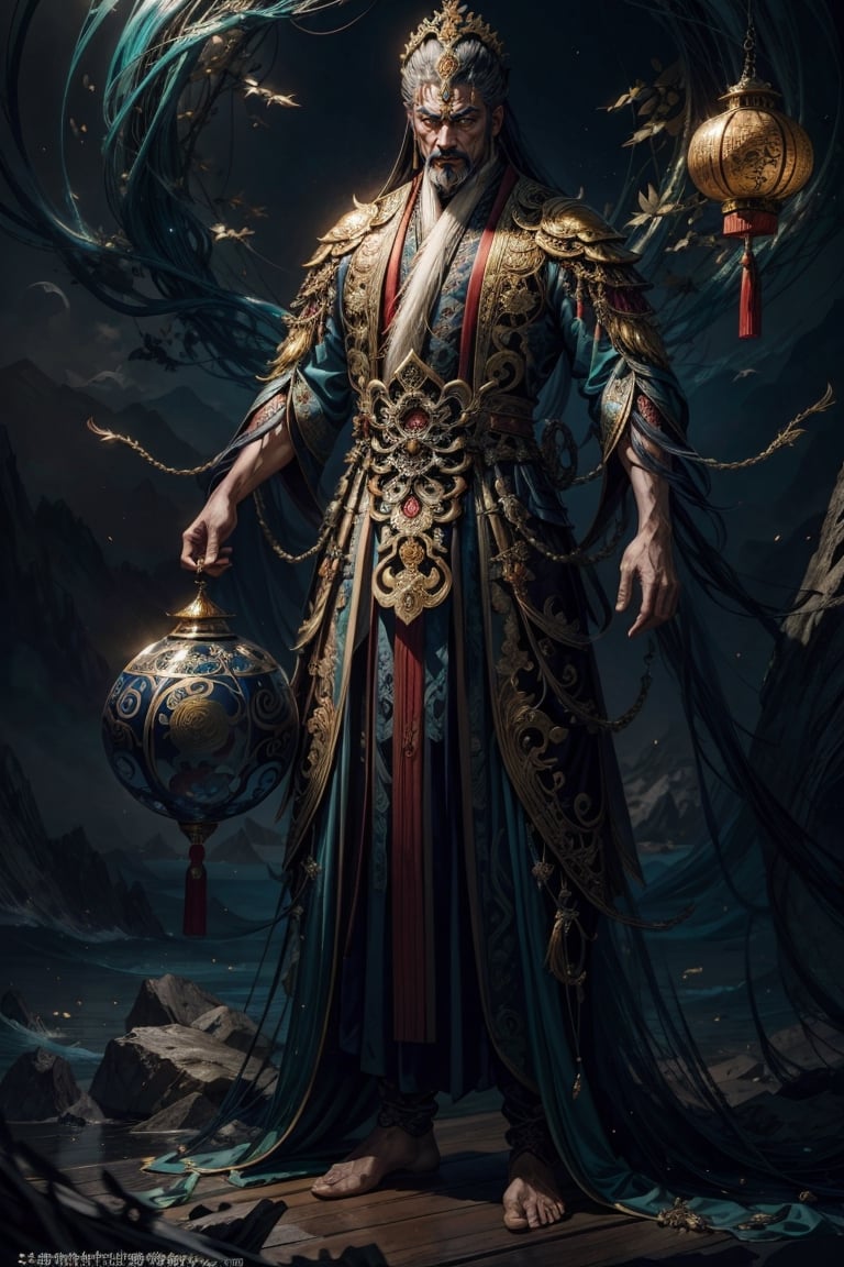 Full body shot of a character standing in majestic pose, realistic representation of a fantasy chinese god, with the most sumptuous wedding hanfu suit made of white silk and richly embroidered with gold and silver threads, intricately carved golden badges and tassels. Under the sea background, magic circles. Art by Yoshitaka Amano, Huang Guangjian, Zhong Fenghua, stunning interpretive visual, gothic regal, colorful, realistic eyes, dreamy magical atmosphere, (film grain), (warm hue, warm tone), cinematic light, side lightings,zhongfenghua,gu,weapon