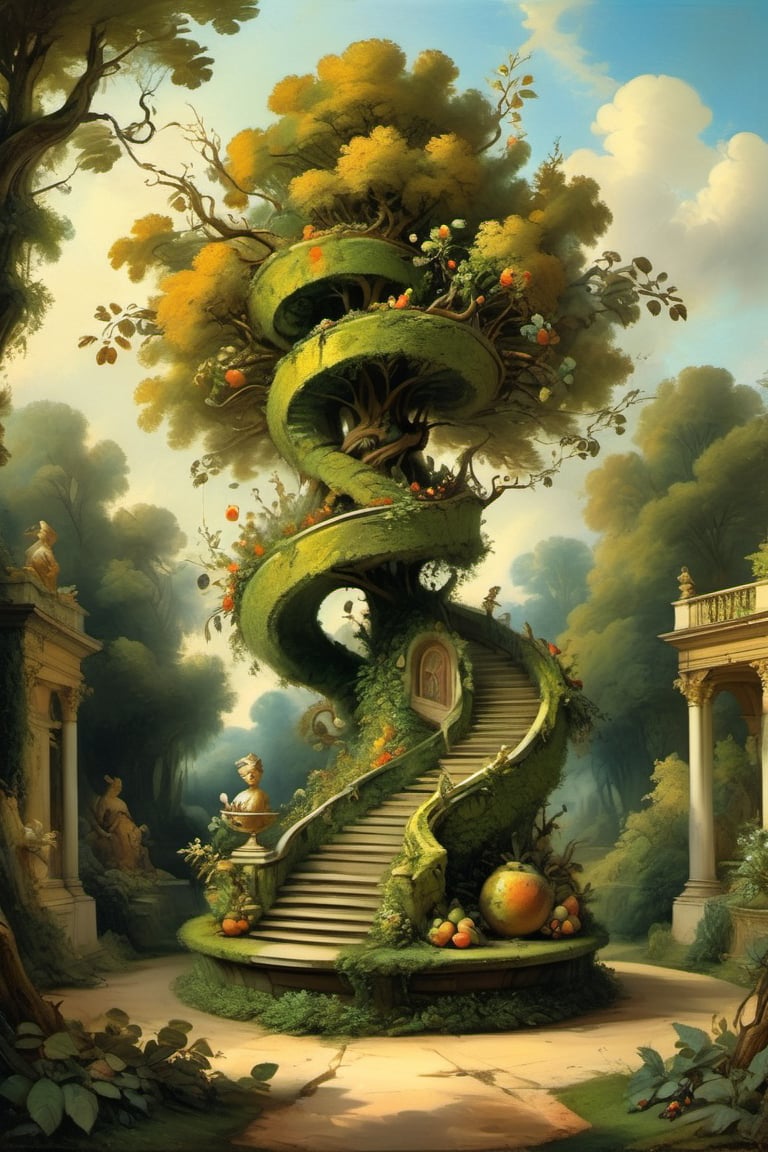 A mystical greenery garden, masterful whimsical topiary sculptures, baroque style vases, fruits, flowers, esotic birds, (multiple fantastic spirals of branches and leaves:1.9), dreamy atmosphere, golden vibes, romantic landscape. Masterpiece, rococo style, painted by Jean-Honoré Fragonard and Esao Andrews