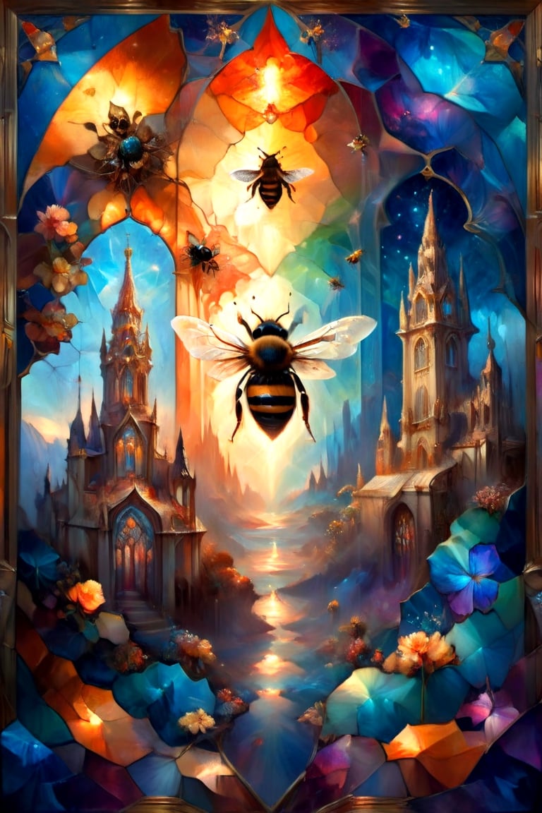 Gothic cathedral wi dow, 3 Bees, magical fantasy art is done in oil paint, liquid rainbow, (liquid honey, orange crystals:1.2), best quality, fairytale, patchwork, (stained glass:1.3), honeybee magic world, golden light, mystic enlightenment, storybook detailed illustration, cinematic, ultra highly detailed, tiny details, beautiful details, mystical, luminism, vibrant colors, complex background, (hexagonal pattern background:1.2), resolution hyperdetailed intricate liminal eerie precisionism, intricate background, art by Alphonse Mucha, Kinuko Y Craft,Flora,crystalz