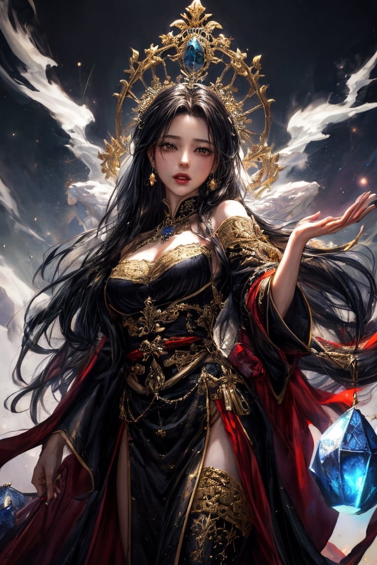 official art, unity 8k wallpaper, ultra detailed, beautiful and aesthetic, masterpiece, extreme realistic, zhongfenghua, (fractal art), (ecstasy of silk:1.5), royal palace background, ancient goddess in black and white hanfu, jewelry,  gems glowing, standing in front of a large extremely detailed golden round sculpture, gothic regal, very detailed and rich clothing, dark ornate royal robes, light particle
