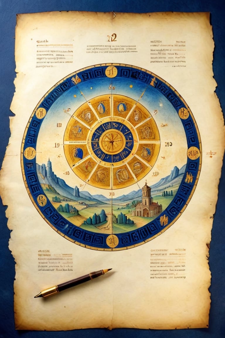 Round parchment page, (Full-page illustration with a blue background of an ancient illuminated codex:1.3), round arrangement, ink drawing with golden leaf and liquid gold insertions on parchment, art on a cracked paper of a wonderful (medieval castle in Italy:1.4),  14th century,  (golden ratio:1.3),  (medieval architecture:1.3), (mullioned windows:1.3), (brick wall:1.1),  (towers with merlons:1.2),  (set on top of a hill overlooking a valley:1.2),  beautiful blue sky (aerial view:1.2), (round zodiac calendar:1.2), vignette,  highest quality. Masterpiece of a museum of art, in the style of Limbourg brothers,  award winning,  detailed and intricate,  masterpiece,  itacstl, real_booster, itacstl, on parchment, art_booster,