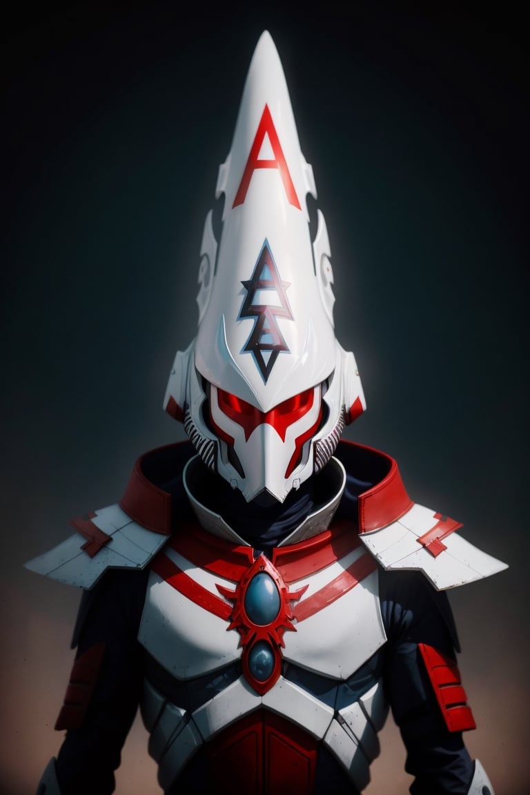 Eldar harlequin, white mask and high surreal helmet, vivid colors red white light blue, backlit, intricate details, highly detailed, slate atmosphere, cinematic, dimmed colors, dark shot, muted colors, film grain, lut, spooky, depth blur, blurry background dof, bokeh, 3d style