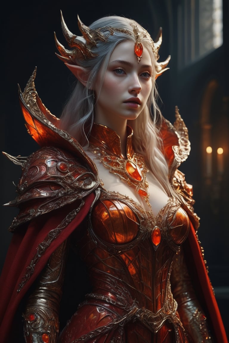 3D artwork, upper body shot represesenting a mighty female young caracter. High elven hat shaped as a red seashell, mantle, shining gold jewels and silver chains. (Majestic pose:1.4), (hieratic expression:1.6), emerging from the darkness in the style of Rembrandt. The caracter wears a white, red and orange large luxury dress. The character is illuminated from the side by a dark golden light. Marine vibes. Vibrant colors. The background is a black gothic cathedral interior dimly lit by moonlight. UHD, high resolution, 8k.