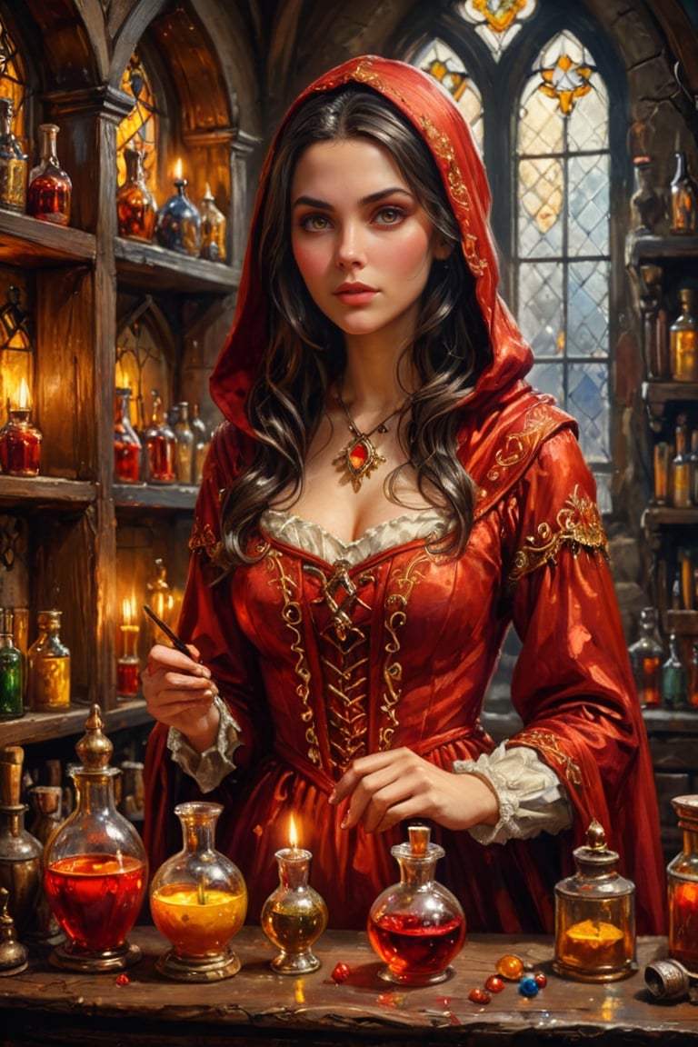 Photorealistic, Award Winning, Ultra Realistic, 8k, of a 20 years old good sweet witch preparing potions in her study. She has dark hair and wears a medieval red dress with hood and tippet, richly silver embroidered. Medieval atmosphere. On background we see one yellow and orange stained glasses window lighting an old castle room, (many bright colored potion ampoules:1.4) on the shelves. Masterpiece, ultra highly detailed, Dynamic Poses, Alluring, Amazing, Excellent, Detailed Face, Beautiful Symmetric Eyes, Heavenly, Very Refined, dark golden light,digital painting