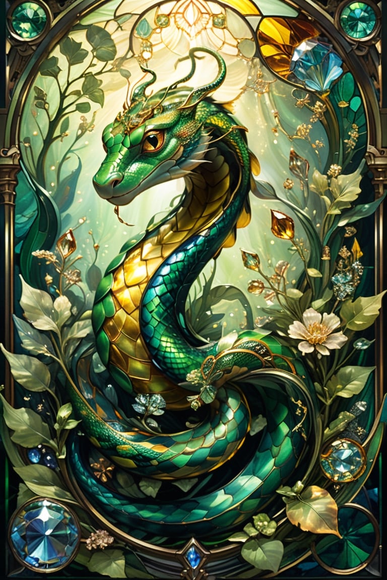 Green and gold snake, magical fantasy art is done in oil paint and liquid chrome, liquid rainbow, golden line, best quality,  fairytale, patchwork, (stained glass:1.2), storybook detailed illustration, cinematic, ultra highly detailed, tiny details, beautiful details, mystical, luminism, vibrant colors, complex background, resolution hyperdetailed intricate liminal eerie precisionism, intricate background, (dark luminescent:1.2) art by Alphonse Mucha,  Alan Lee, crystalz,shards,glass,crystalz