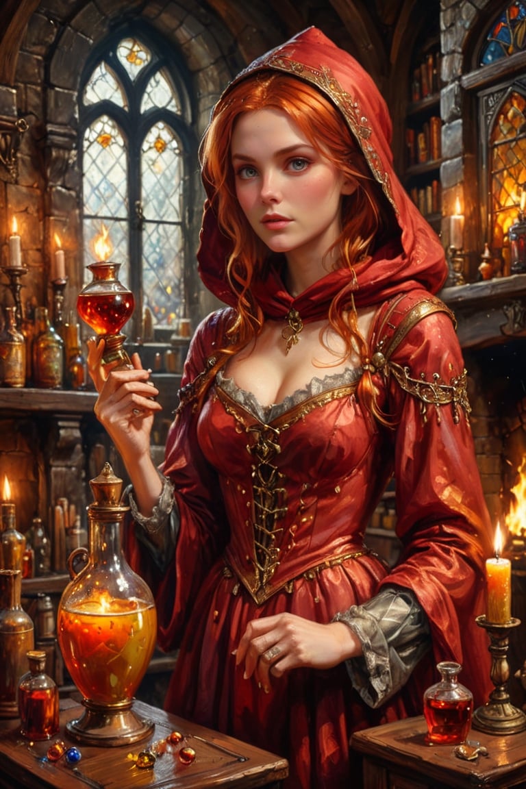 Photorealistic, Award Winning, Ultra Realistic, 8k, of a 20 years old good sweet witch preparing potions in her study. She has red copper hair and wears a medieval high-necked red dress with (hood:1.4) and tippet, richly silver embroidered. Medieval atmosphere. On background we see one yellow and orange stained glasses window lighting an old castle room, (many bright colored potion ampoules) on the shelves and a big (fireplace:1.4). Masterpiece, ultra highly detailed, Dynamic Poses, Alluring, Amazing, Excellent, Detailed Face, Beautiful Symmetric Eyes, Heavenly, Very Refined, dark golden light,digital painting