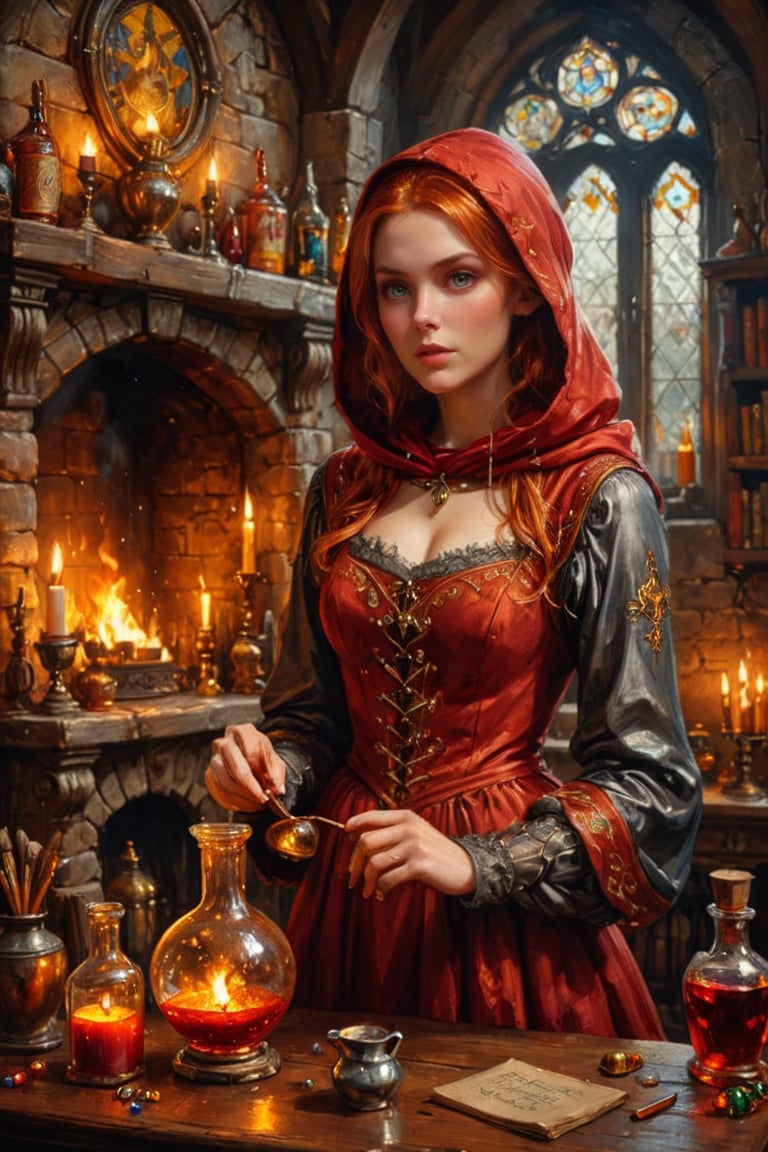 Photorealistic, Award Winning, Ultra Realistic, 8k, of a 20 years old good sweet witch preparing potions in her study. She has red copper hair and wears a medieval high-necked red dress with (hood:1.4) and tippet, richly silver embroidered. Medieval atmosphere. On background we see one yellow and orange stained glasses window lighting an old castle room, (some bright colored potion ampoules) on the shelves and a big (fireplace:1.4). Masterpiece, ultra highly detailed, Dynamic Poses, Alluring, Amazing, Excellent, Detailed Face, Beautiful Symmetric Eyes, Heavenly, Very Refined, dark golden light,digital painting