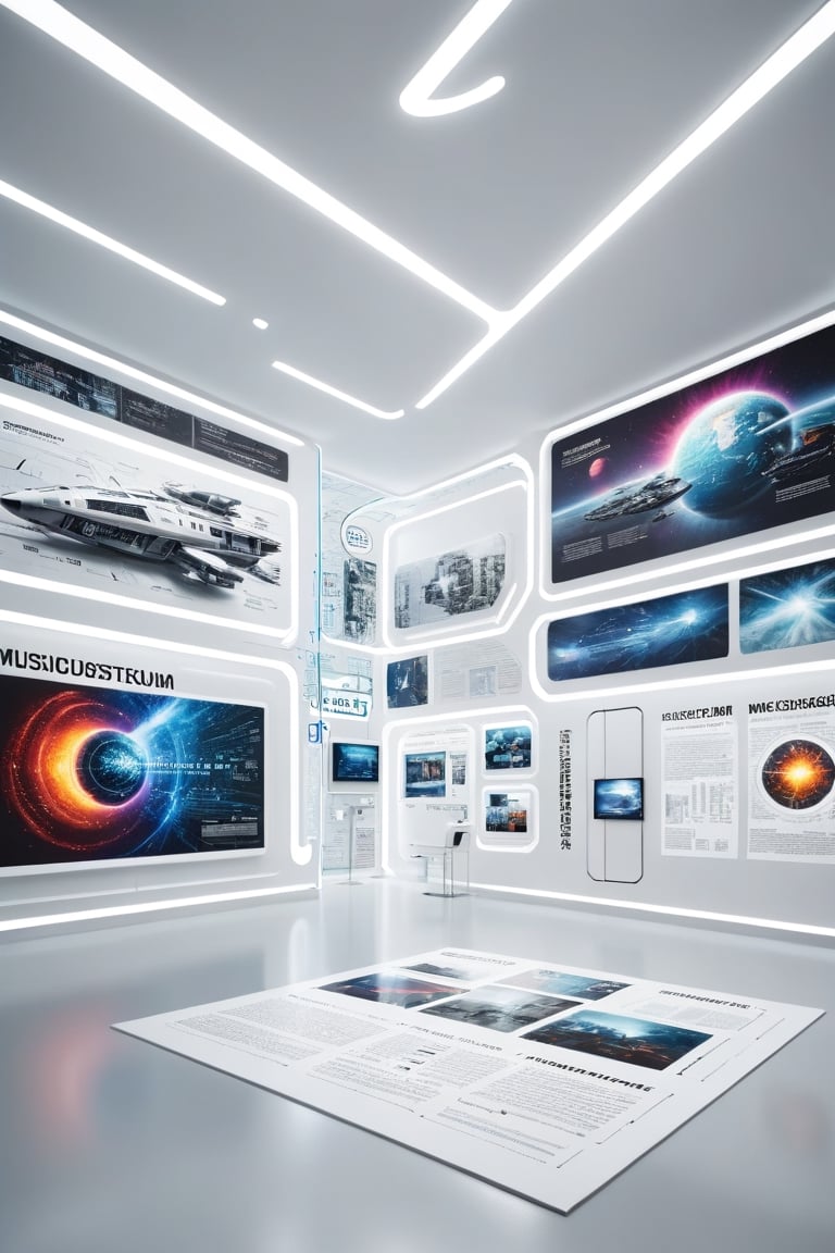 Wide view of a futuristic museal room with some artworks representing graphics and concept maps with text displayed on the white walls. Futuristic museum. Bright colors, close shot. ,dvr-txt,artint,real_booster