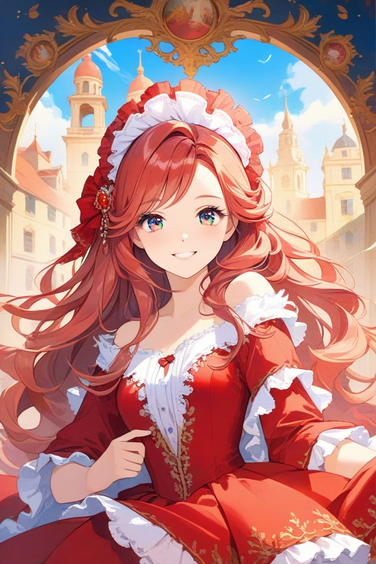 Very beautiful girl with a red dress, masterpiece illustration, complex_background, UHD, beautiful detailed eyes, beautiful detailed, Warmly smile. Rococo oil paint