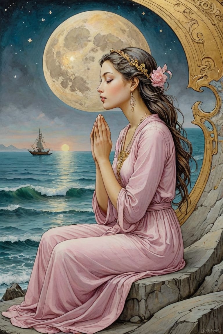 Art Nouveau style, Pale pink and white dressed girl conversing with the face of the crescent moon and meditating over the sea. Golden line, liquid silver, liquid rainbow, art on a cracked paper, ink paint. Whimsical art, pop surrealism, inspired by Gabriel Pacheco and Michael Cheval. Masterpiece, bizarre, hyper detailed, diaphanous, DonM0ccul7Ru57XL, on parchment,art_booster