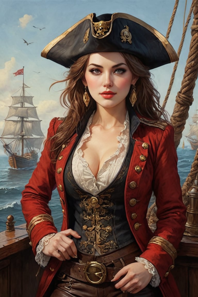 Oil painting of a very beautiful pirate captain  manga girl, perfect detailed eyes, perfect detailed nose, perfect detailed lips. She wears a red and black velvet long jacket with golden buttons, shirt adorned with lace, brown leather trousers, Intricately detailed accessories and pirate hat. She is on the deck of her ship and cheers her crew on to fight during the battle. Dynamic pose. Masterpiece, vibrant colors, warm light, eerie detail perfection, absurdres detail, realistic illustration, extremely detailed, intricately sharp details, sharp focus, chaotic (ships battle scenario:1.3), ships on background 