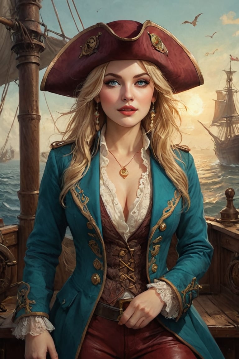 Oil painting of a very beautiful pirate captain  manga blonde girl, perfect detailed eyes, perfect detailed nose, perfect detailed lips. She wears a teal velvet long jacket with golden buttons, shirt adorned with lace, dark red leather trousers, Intricately detailed accessories and pirate hat. She is on the deck of her ship and cheers her crew on to fight during the battle. Dynamic pose. Masterpiece, vibrant colors, warm light, eerie detail perfection, absurdres detail, realistic illustration, extremely detailed, intricately sharp details, sharp focus, chaotic (ships battle scenario:1.3), ships on background 