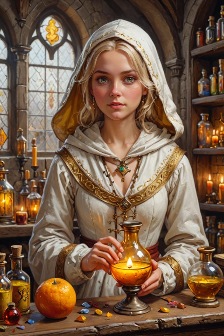 Photorealistic, Award Winning, Ultra Realistic, 8k, of a very light complexion 25 years old good sweet girl preparing potions in her study. She has blonde hair and wears a medieval white dress with hood and tippet, richly silver embroidered. Medieval atmosphere. On background we see one yellow and orange stained glasses window lighting an old castle room, (many bright colored potion ampoules:1.4) on the shelves. Masterpiece, ultra highly detailed, Dynamic Poses, Alluring, Amazing, Excellent, Detailed Face, Beautiful Symmetric Eyes, Heavenly, Very Refined, dark golden light,digital painting,crystalz,Decora_SWstyle,art_booster