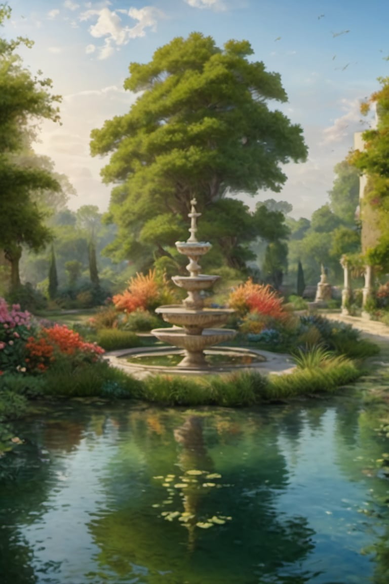 A fantastic greenery ancient garden with plant sculptures and a small tower rising from a small pond in the center, bright colored flowers. A masterpiece painted by Claude Lorrain and Jean-Honoré Fragonard, highly detailed leaves, (surreal:1.4) atmosphere, romantic landscape,island
