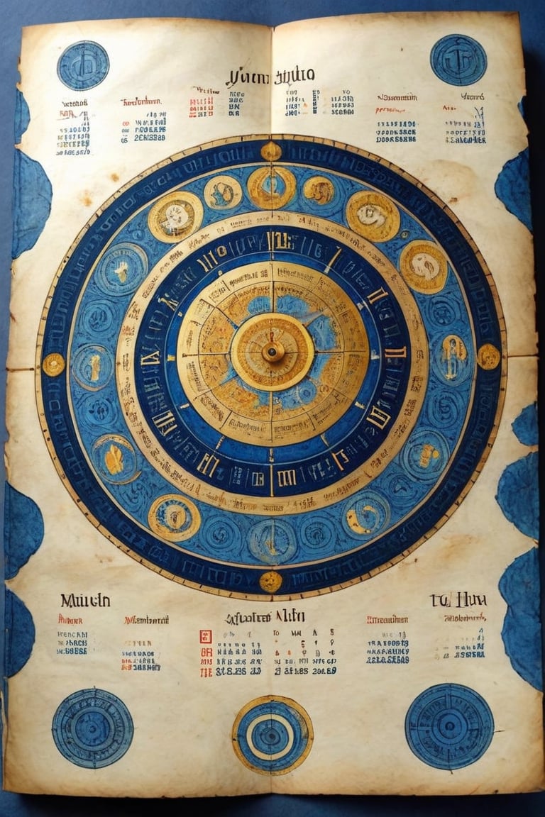 (Full-page illustration with a blue background of an ancient illuminated codex:1.3), concentric arrangement, ink drawing with golden leaf and liquid gold insertions on parchment, art on a cracked paper of a wonderful (medieval castle in Italy:1.4),  14th century,  (golden ratio:1.3),  (medieval architecture:1.3), (mullioned windows:1.3), (brick wall:1.1),  (towers with merlons:1.2),  (set on top of a hill overlooking a valley:1.2),  beautiful blue sky (aerial view:1.2), (concentric zodiac calendar:1.2), vignette,  highest quality. Masterpiece of a museum of art, in the style of Limbourg brothers,  award winning,  detailed and intricate,  masterpiece,  itacstl, real_booster, itacstl, on parchment, art_booster,