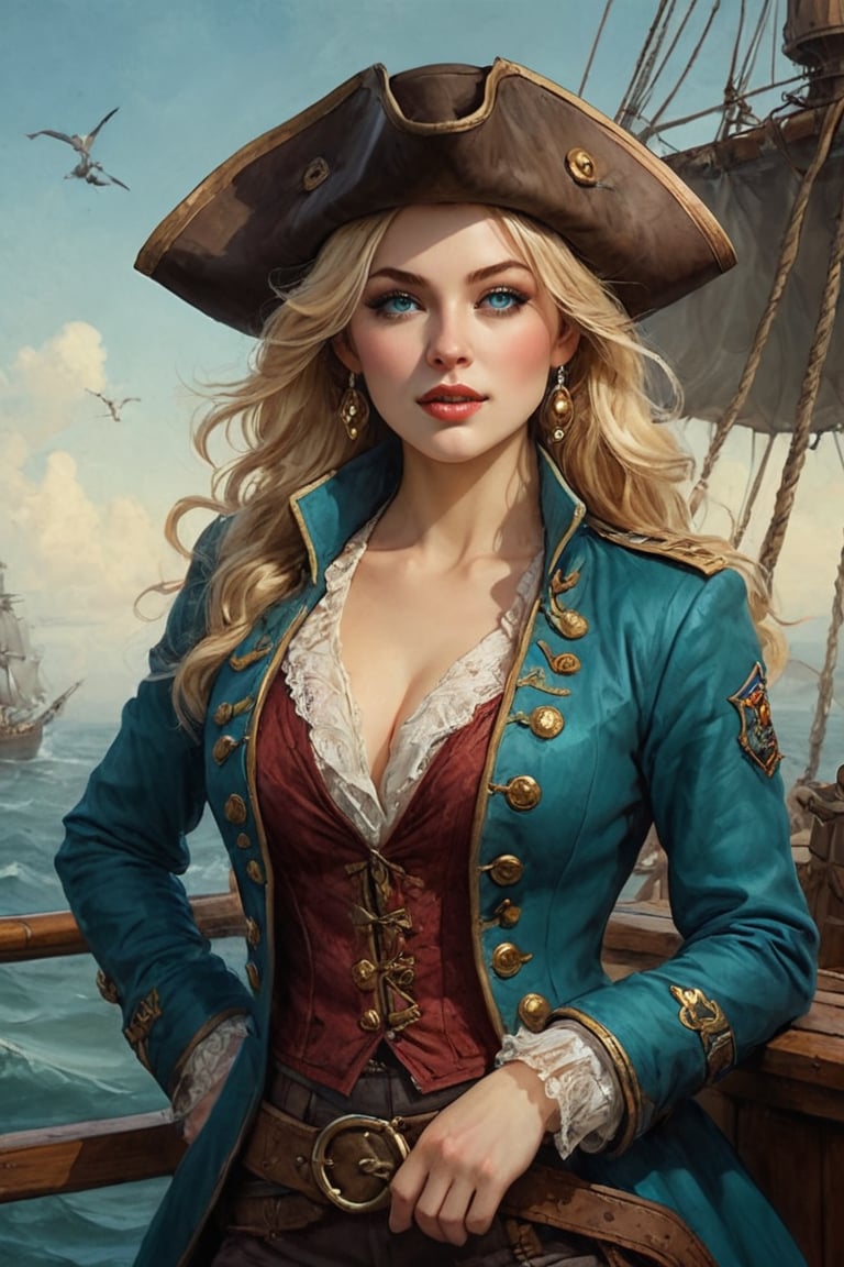 Oil painting of a very beautiful pirate captain  manga blonde girl, perfect detailed eyes, perfect detailed nose, perfect detailed lips. She wears a teal velvet long jacket with golden buttons, shirt adorned with lace, blue leather trousers, Intricately detailed accessories and pirate hat. She is on the deck of her ship and cheers her crew on to fight during the battle. Dynamic pose. Masterpiece, vibrant colors, warm light, eerie detail perfection, absurdres detail, realistic illustration, extremely detailed, intricately sharp details, sharp focus, chaotic (ships battle scenario:1.3), ships on background 