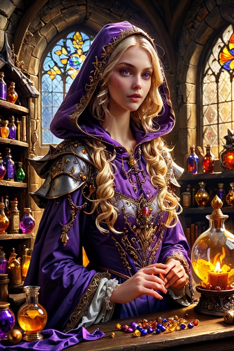 Photorealistic, Award Winning, Ultra Realistic, 8k, of a 25 years old good sweet girl preparing potions in her study. She has blonde hair and wears a medieval purple dress with hood and tippet, richly silver embroidered. Medieval atmosphere. On background we see one yellow and orange stained glasses window lighting an old castle room, (many bright colored potion ampoules:1.4) on the shelves. Masterpiece, ultra highly detailed, Dynamic Poses, Alluring, Amazing, Excellent, Detailed Face, Beautiful Symmetric Eyes, Heavenly, Very Refined, dark golden light,digital painting,crystalz,Decora_SWstyle