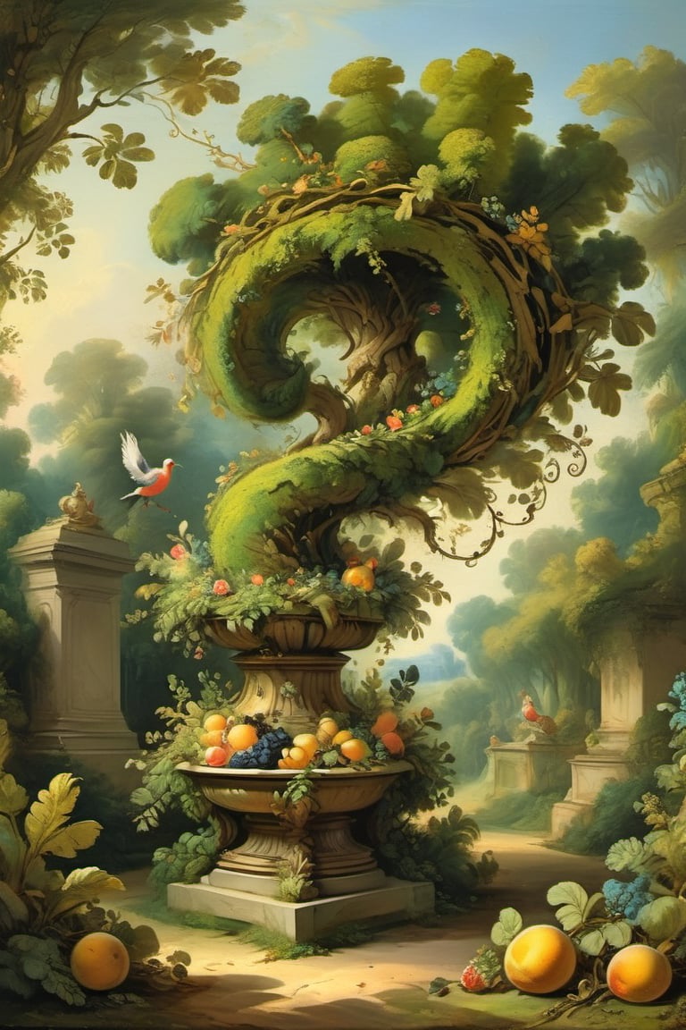 A mystical greenery garden, masterful whimsical topiary sculptures, baroque style vases, fruits, flowers, esotic birds, (multiple fantastic spirals of branches and leaves:1.6), dreamy atmosphere, golden vibes, romantic landscape. Masterpiece, rococo style, painted by Jean-Honoré Fragonard
