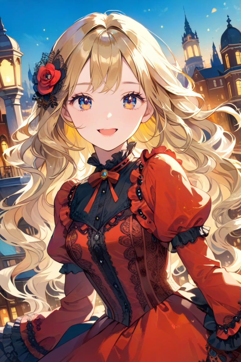 Very beautiful girl with a very ornated victorian red dress, masterpiece, illustration, extremely detailed, beautiful detailed eyes, beautiful detailed mouth, warmly smile, golden hair, (bright colors:1.4), city on background 