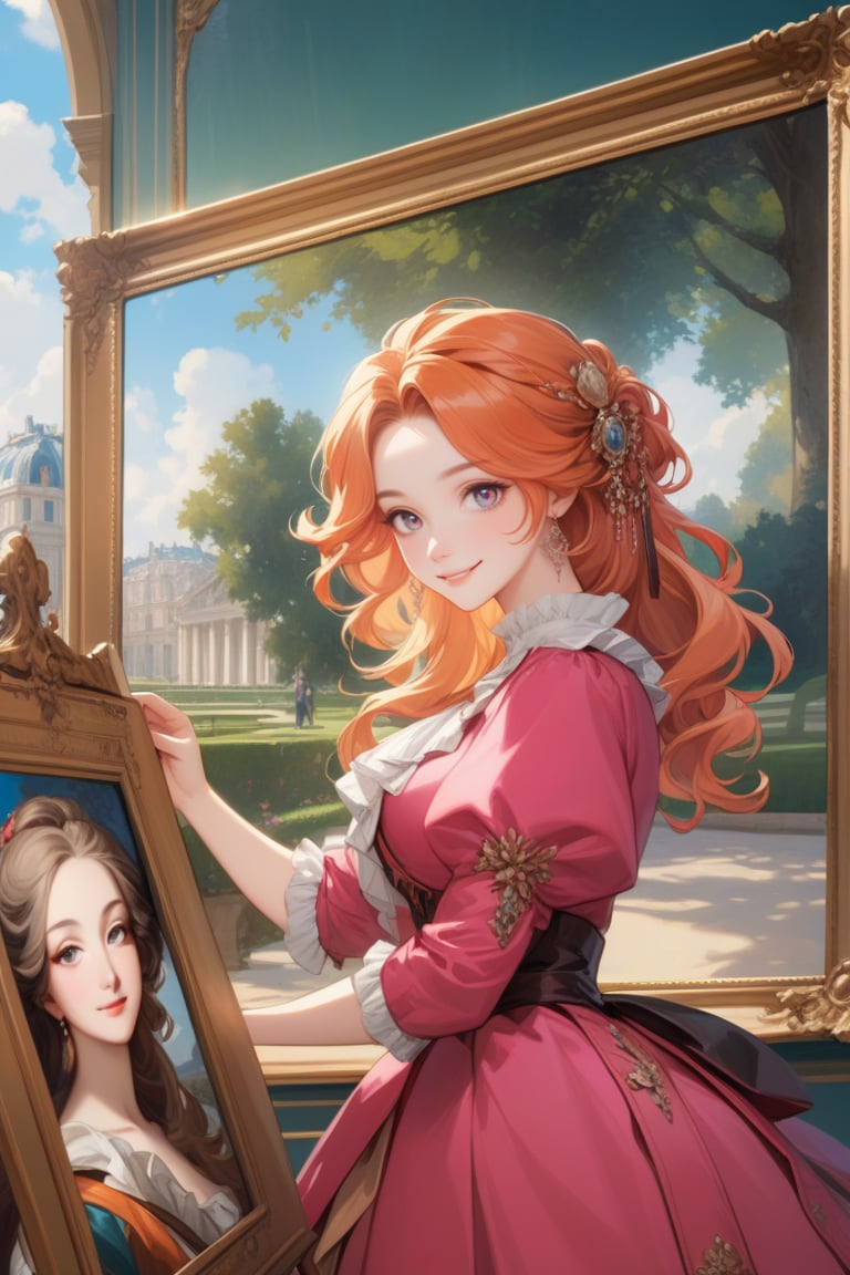 Very beautiful girl wearing a sumptuous fuchsia and pale orange dress, illustration, detailed, beautiful detailed eyes, beautiful detailed, orange hair, warmly smile, she is showing a painting of hers, Versailles background. Rococo oil paint