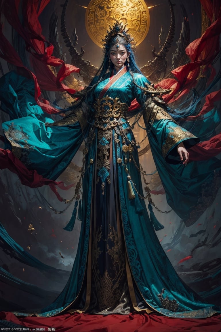 Full body shot of a character standing in majestic pose, realistic representation of a fantasy chinese empress with the most sumptuous wedding hanfu dress made of blue silk and richly embroidered with gold and silver threads, intricately carved golden badges and tassels. Art by Yoshitaka Amano, Huang Guangjian, Zhong Fenghua, stunning interpretive visual, gothic regal, colorful, realistic eyes, dreamy magical atmosphere, (film grain), (warm hue, warm tone), cinematic light, side lightings,zhongfenghua,gu,weapon