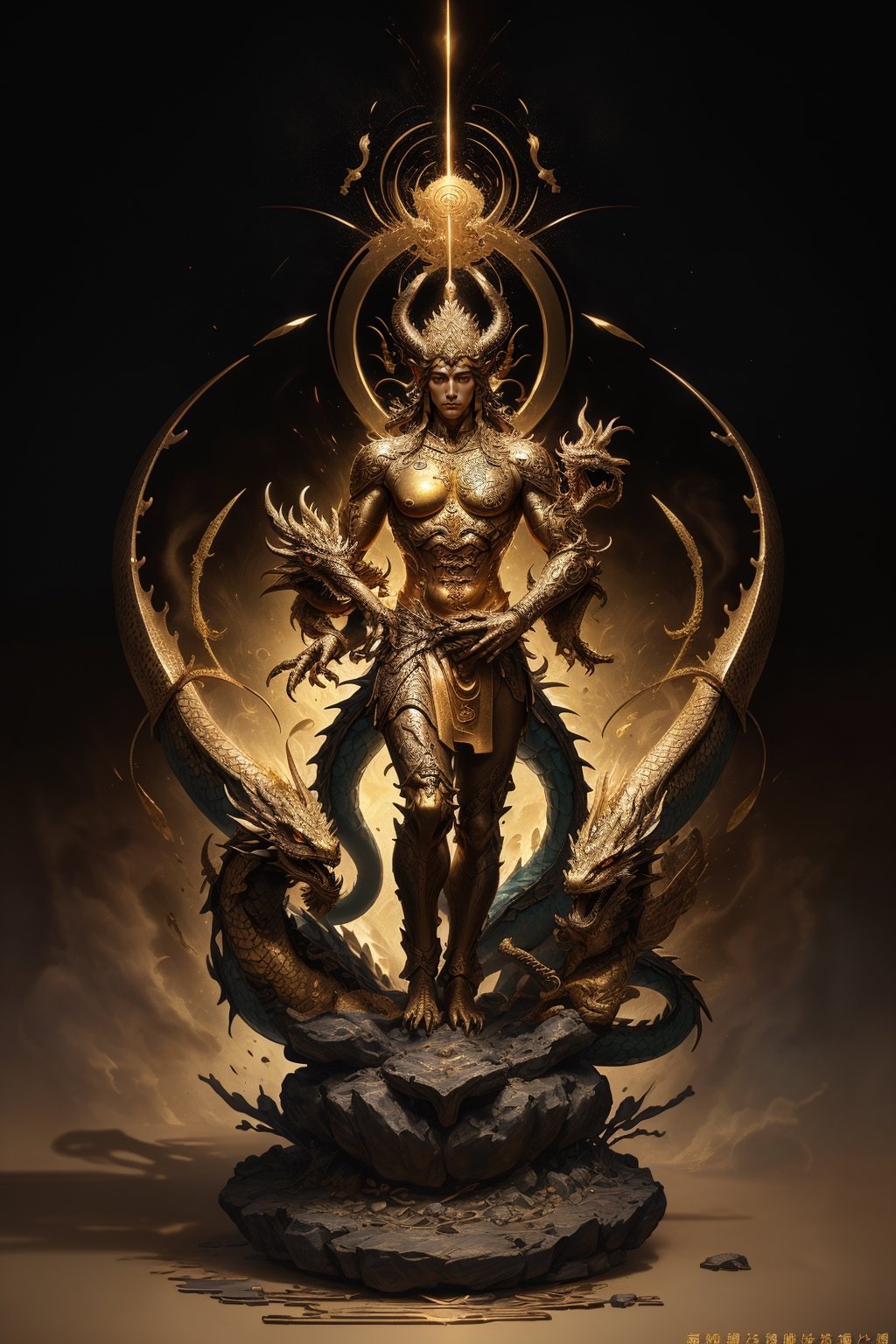 1 chinese full body God with dragon hyperdetailed black bronze sculpture, perfect face, cinematic pose, (masterful:1.3), in the ancient style of the best chinese art, detailed and intricate, golden line, complex background, golden intricately detailed background, black color,bg_imgs,dragon