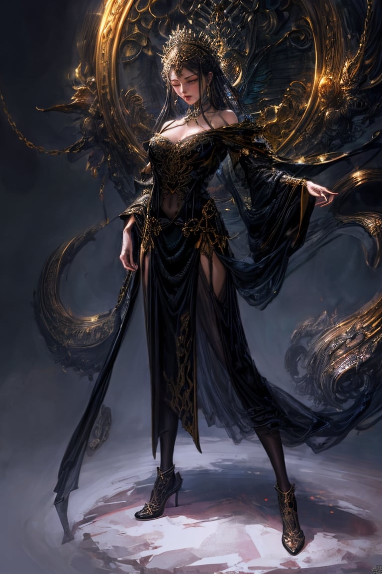 official art, unity 8k wallpaper, ultra detailed, beautiful and aesthetic, masterpiece, extreme realistic, zhongfenghua, (fractal art), (ecstasy of silk:1.5), royal palace background, ancient goddess in black and white hanfu, jewelry,  gems glowing, standing in front of a large extremely detailed golden round sculpture, gothic regal, very detailed and rich clothing, dark ornate royal robes