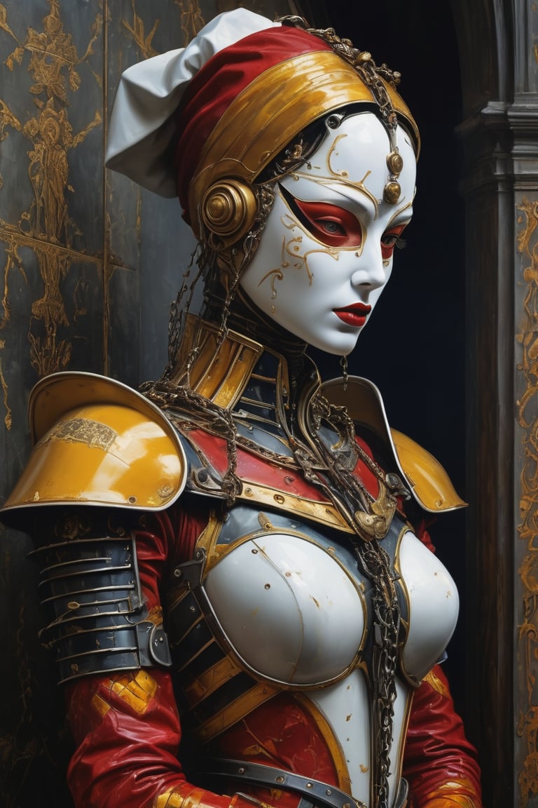 3D artwork, upper body of a caracter represesenting a mighty harlequin female robot with a surreal white mask, (surrealistic big stylized plastic hat in the style of Michael Cheval), mantle, bolts and iron chains. (Majestic pose:1.4), (hieratic expression:1.6), emerging from the darkness in the style of Caravaggio. Red, yellow, (teal:0.7), forming perfect ornamental stripes patterns on a (rusted:0.9) armor. Matte surfaces. Side light, UHD, high resolution, 8k, black gothic cathedral interior background, warm golden light 