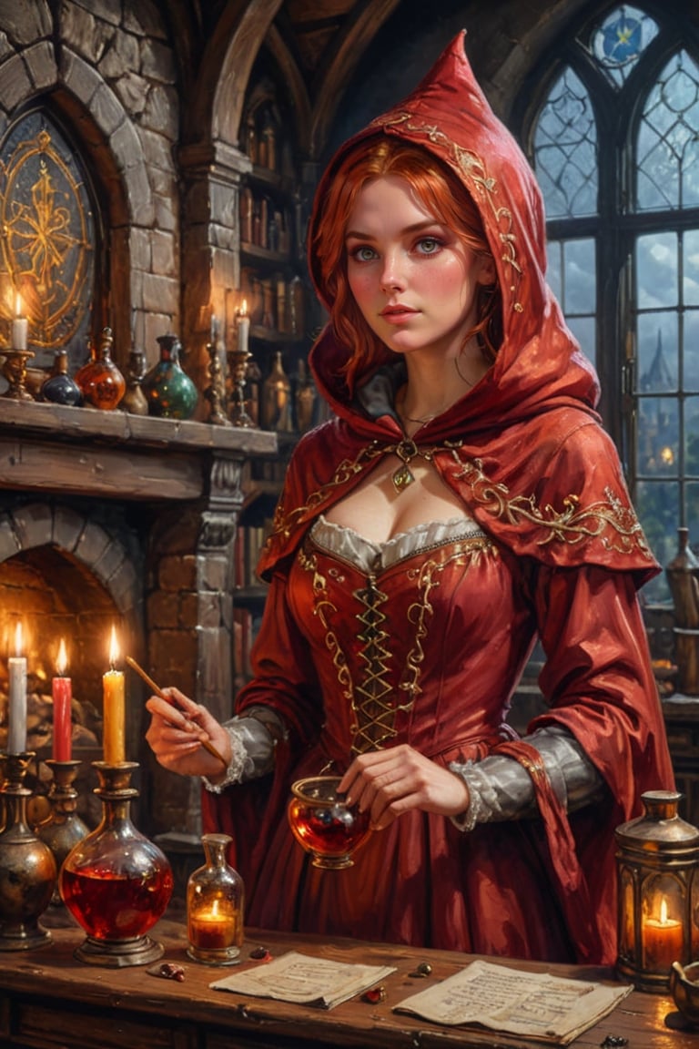 Photorealistic, Award Winning, Ultra Realistic, 8k, of a 20 years old good sweet witch preparing potions in her study. She has red copper hair and wears a medieval high-necked red dress with (hood:1.4) and tippet, richly silver embroidered. Medieval atmosphere. On background we see one stained glasses window moon lighting an old castle room, (some bright colored potion ampoules) on the shelves and a big (fireplace:1.4) lighting the room with a dark golden light. Masterpiece, ultra highly detailed, Dynamic Poses, Alluring, Amazing, Excellent, Detailed Face, Beautiful Symmetric Eyes, Heavenly, Very Refined, digital painting, art_booster