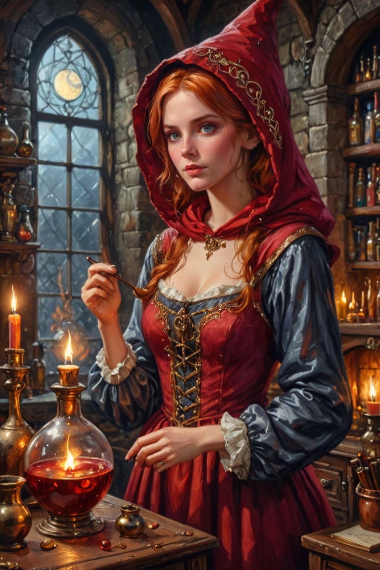 Photorealistic, Award Winning, Ultra Realistic, 8k, of a 20 years old good sweet witch preparing potions in her study. She has red copper hair and wears a medieval high-necked red dress with (hood:1.4) and tippet, richly silver embroidered. Medieval atmosphere. On background we see one stained glasses window moon lighting an old castle room, (some bright colored potion ampoules) on the shelves and a big (fireplace:1.4) lighting the room with a dark golden light. Masterpiece, ultra highly detailed, Dynamic Poses, Alluring, Amazing, Excellent, Detailed Face, Beautiful Symmetric Eyes, Heavenly, Very Refined, digital painting, art_booster