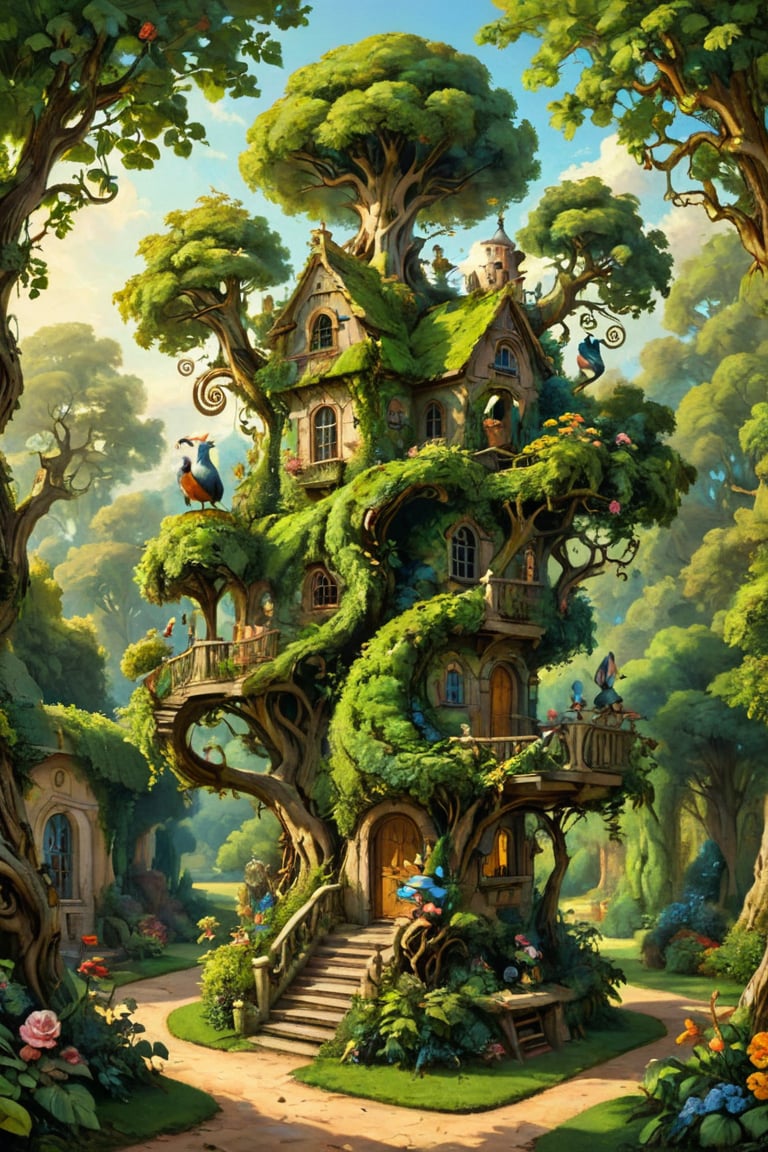 A mystical greenery garden with a treehouse in the center, masterful whimsical topiary sculptures, baroque style vases, flowers, esotic birds, (multiple fantastic spirals of branches and leaves:1.9), dreamy atmosphere, golden vibes, romantic landscape. Masterpiece, rococo style, painted by Francois Boucher and Jean-Honoré Fragonard