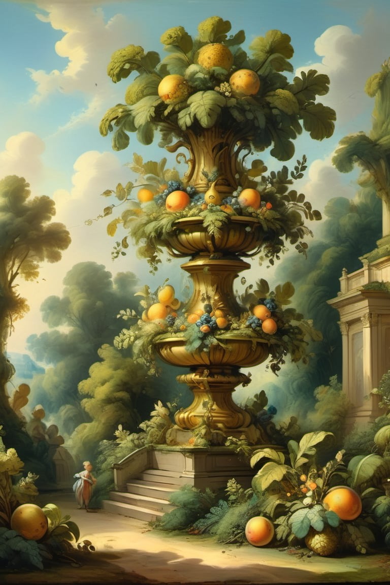 A mystical greenery garden, masterful whimsical topiary sculptures, baroque style vases, fruits, flowers, esotic birds, multiple fantastic spirals of branches and leaves, dreamy atmosphere, golden vibes, romantic landscape. Masterpiece, rococo style, painted by Jean-Honoré Fragonard