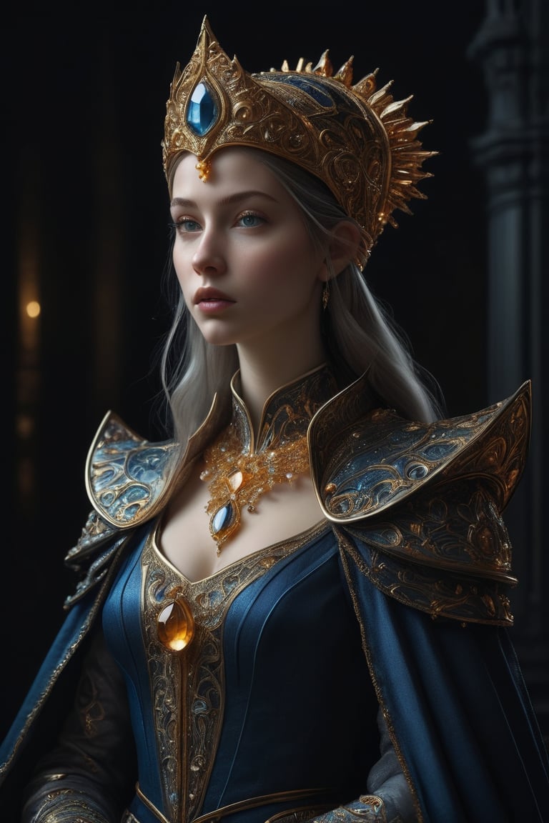 3D artwork, upper body shot represesenting a mighty female young caracter. High elven hat shaped as a white seashell, mantle, shining amber gold jewels. (Majestic pose:1.4), (hieratic expression:1.6), emerging from the darkness in the style of Rembrandt. The caracter wears a blue large luxury dress. The character is illuminated from the side by a dark golden light. Marine vibes. Vibrant colors. The background is a black gothic cathedral interior dimly lit by moonlight. UHD, high resolution, 8k.