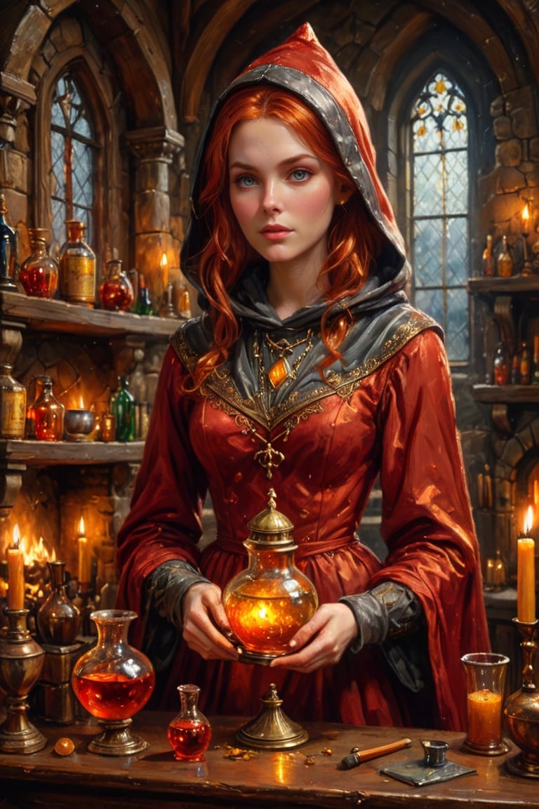 Photorealistic, Award Winning, Ultra Realistic, 8k, of a 20 years old good sweet witch preparing potions in her study. She has red copper hair and wears a medieval high-necked red dress with (hood:1.4) and tippet, richly silver embroidered. Medieval atmosphere. On background we see one yellow and orange stained glasses window lighting an old castle room, (many bright colored potion ampoules) on the shelves and a big (fireplace:1.4). Masterpiece, ultra highly detailed, Dynamic Poses, Alluring, Amazing, Excellent, Detailed Face, Beautiful Symmetric Eyes, Heavenly, Very Refined, dark golden light,digital painting