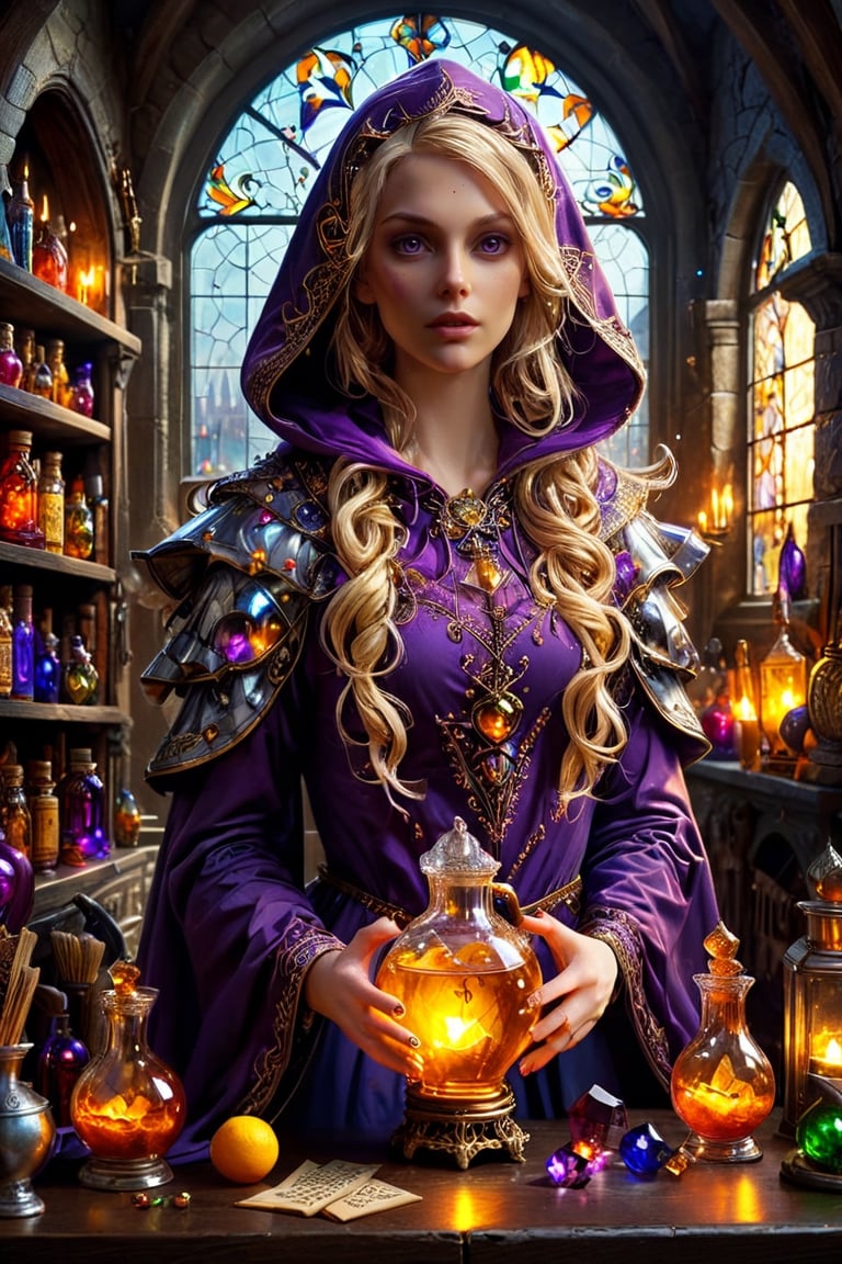 Photorealistic, Award Winning, Ultra Realistic, 8k, of a 25 years old good sweet girl preparing potions in her study. She has blonde hair and wears a medieval purple dress with hood and tippet, richly silver embroidered. Medieval atmosphere. On background we see one yellow and orange stained glasses window lighting an old castle room, (many bright colored potion ampoules:1.4) on the shelves. Masterpiece, ultra highly detailed, Dynamic Poses, Alluring, Amazing, Excellent, Detailed Face, Beautiful Symmetric Eyes, Heavenly, Very Refined, dark golden light,digital painting,crystalz,Decora_SWstyle