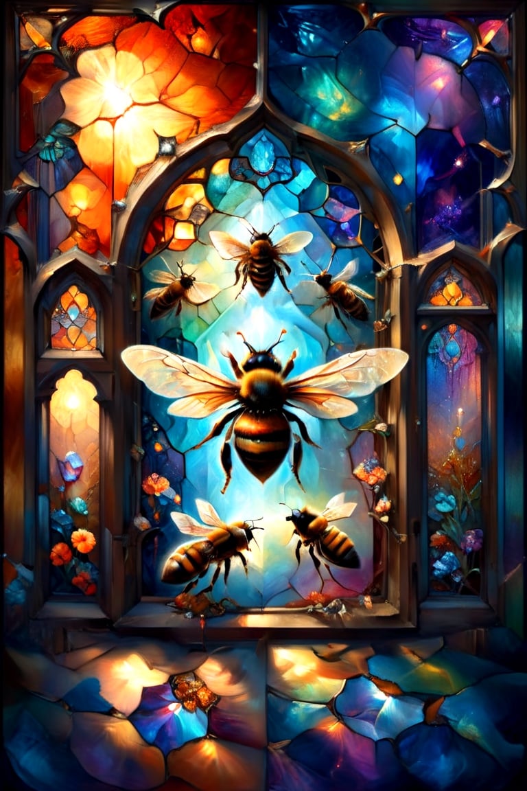 Gothic window, 3 Bees, magical fantasy art is done in oil paint, liquid rainbow, (liquid honey, orange crystals:1.2), best quality, fairytale, patchwork, (stained glass:1.3), honeybee magic world, golden light, mystic enlightenment, storybook detailed illustration, cinematic, ultra highly detailed, tiny details, beautiful details, mystical, luminism, vibrant colors, complex background, (hexagonal pattern background:1.2), resolution hyperdetailed intricate liminal eerie precisionism, intricate background, art by Alphonse Mucha, Kinuko Y Craft,Flora,crystalz