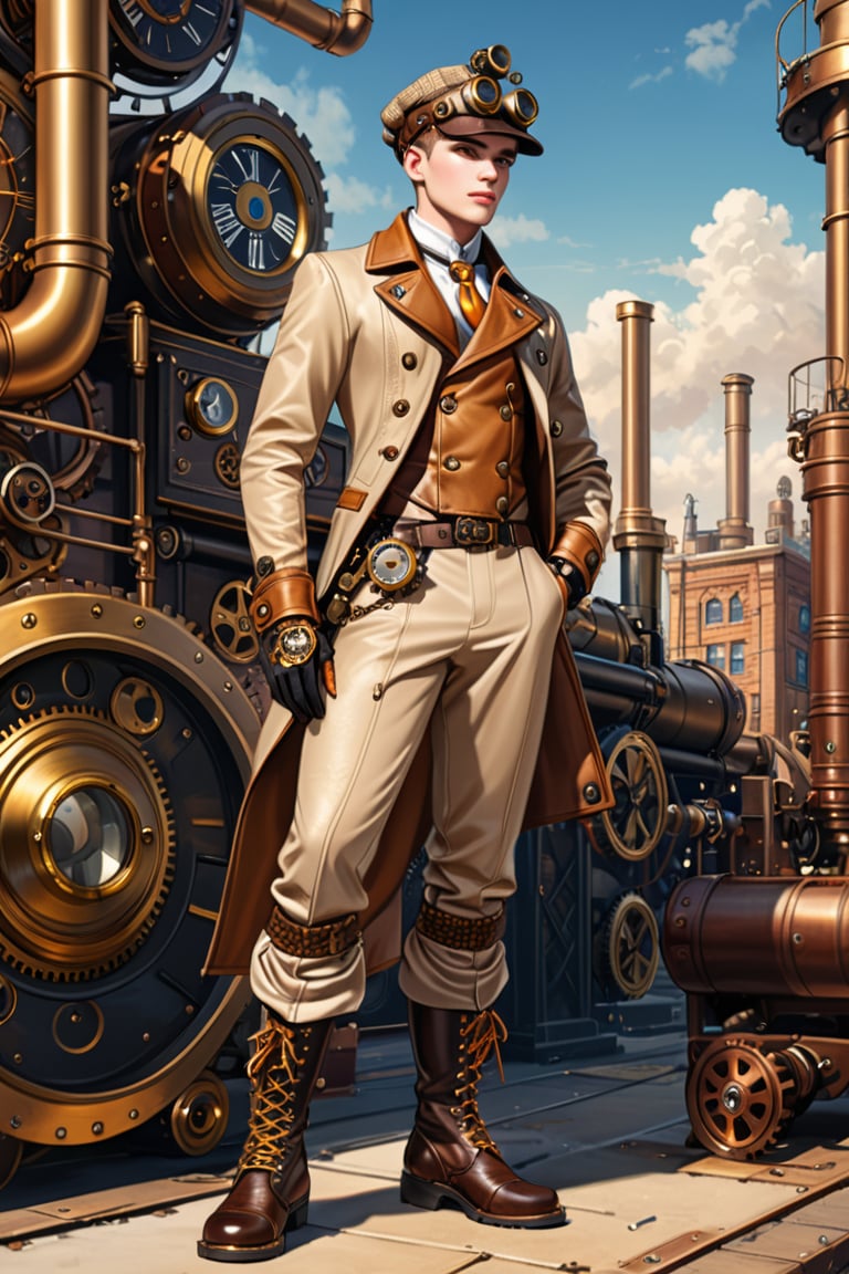 Industrial steampunk mechanic boy, perfectly detailed face, (cap:0.8), steampunk beige leather double-breasted jacket, beige tweed fabric puffed trousers, (leather laced boots:0.8), intricately detailed brass accessories. Masterpiece, illustration, extremely detailed, cinematic pose, industrial background